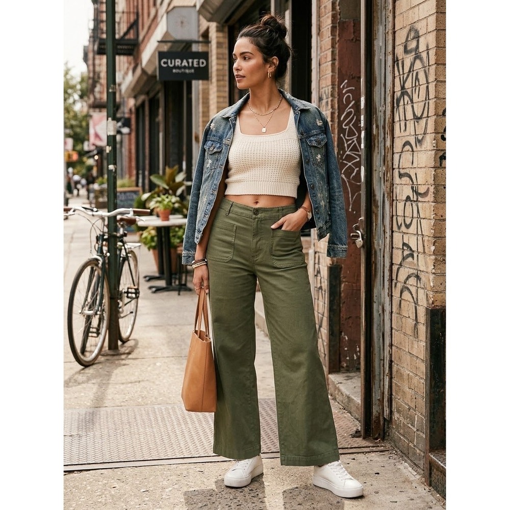 J.Crew Lizzie Pant Olive Green Wide Leg Crop Cotton Linen Trousers 31P